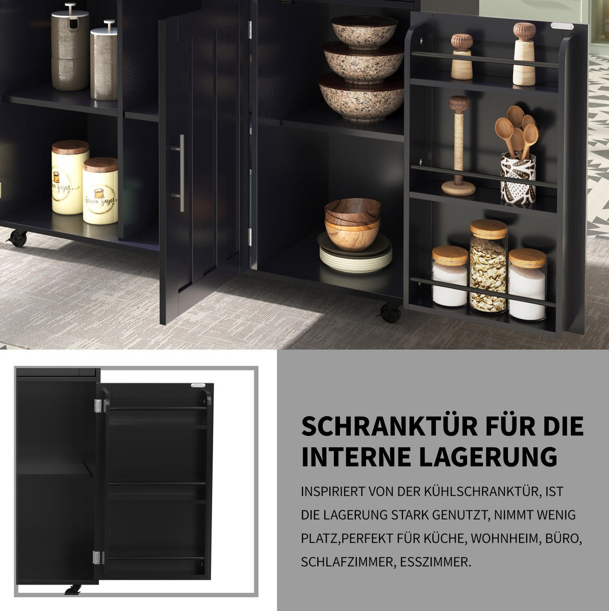 SERVIERWAGEN mit klappbarer Platte 129x71x91,5 cm MDF Black/Natural - Schwarz, Holz (46/91.5/120cm) - Beauniv
