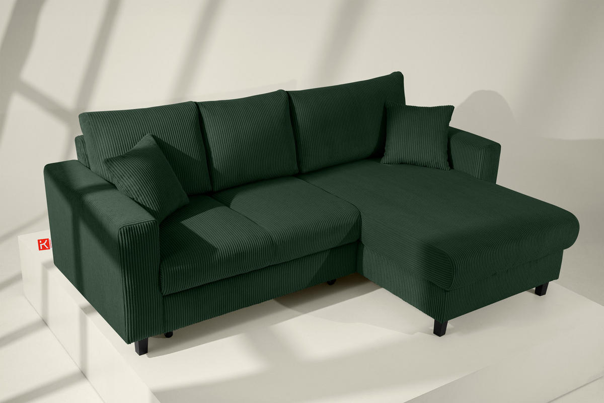 ECKSCHLAFSOFA EGRET Rechts mit Bettkasten, Cord-Stoff, dunkelgrün - Dunkelgrün, Textil (234/90cm) - KONSIMO®