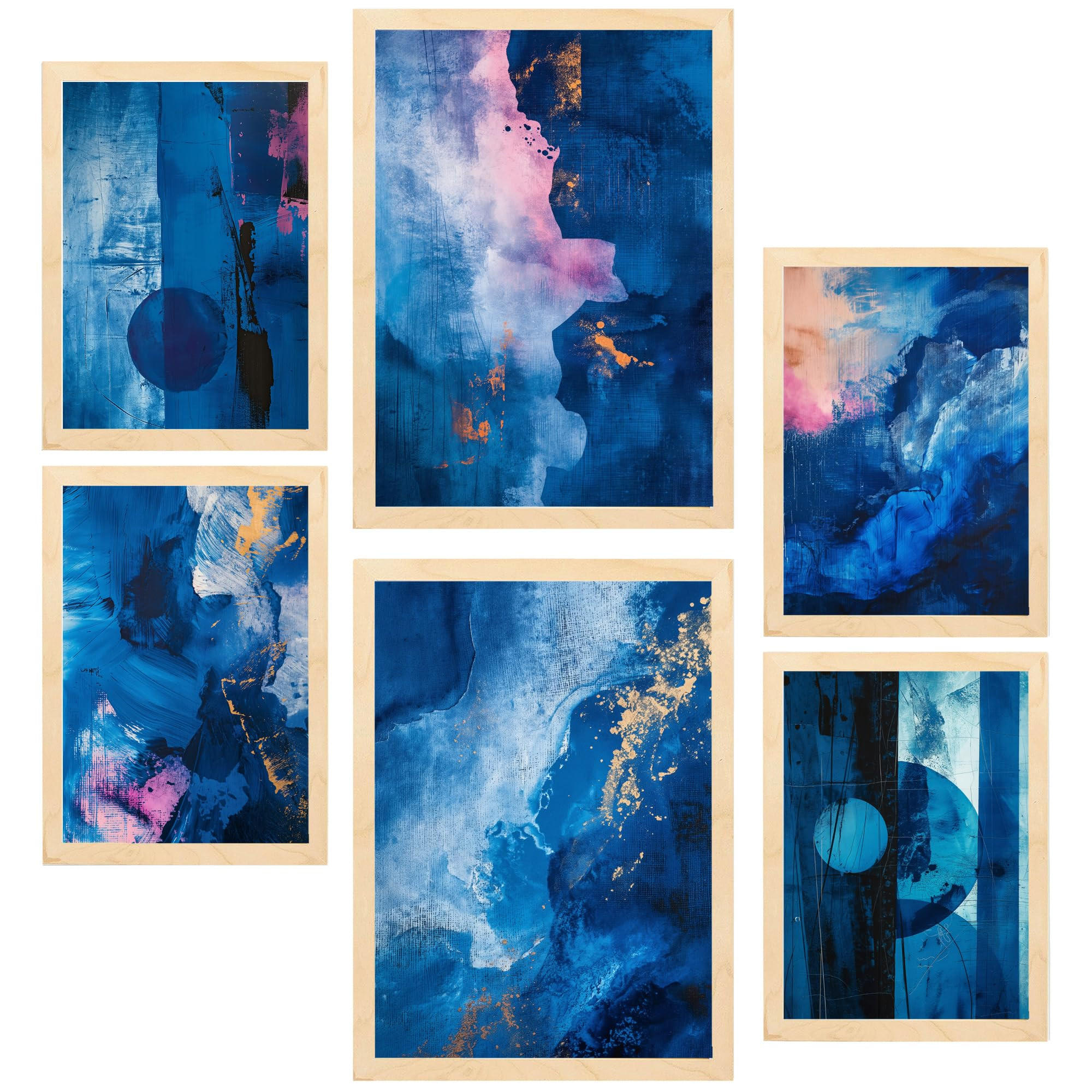 POSTER Set Mit 6 Abstrakte Farben Blau Cyan Rosa Formen A3 & A4 Rahmen Aus Hellem Holz - Beige, Papier (29/3cm) - Nacnic