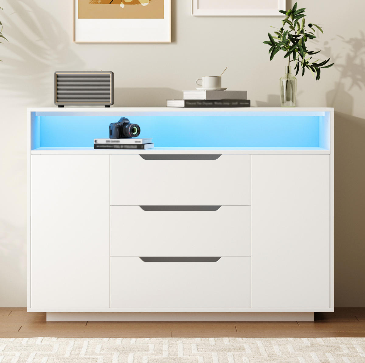 SIDEBOARD 120/40/85 cm mit offenem Regal, 3 Schubladen, Türen und LED-Beleuchtung aus Holzwerkstoff, Weiß - Weiß, Holzwerkstoff (120/85/40cm) - Redom