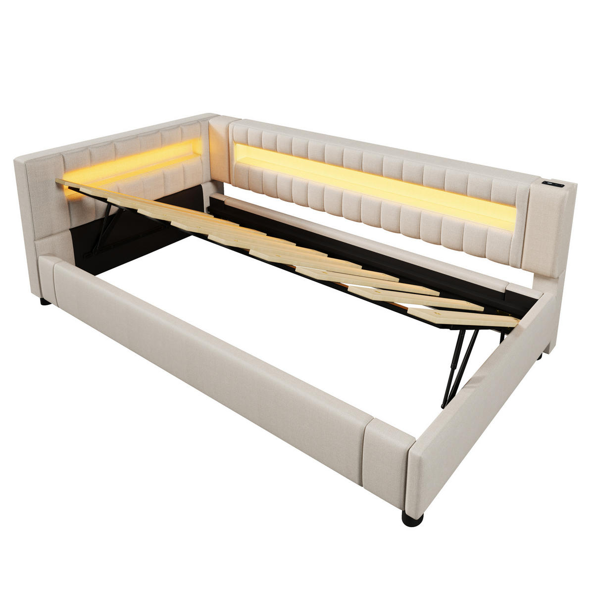 POLSTERBETT mit LED-Beleuchtung 90/200 cm mit Bettkasten in Beige - Beige, Textil (90/200cm) - BEAOK