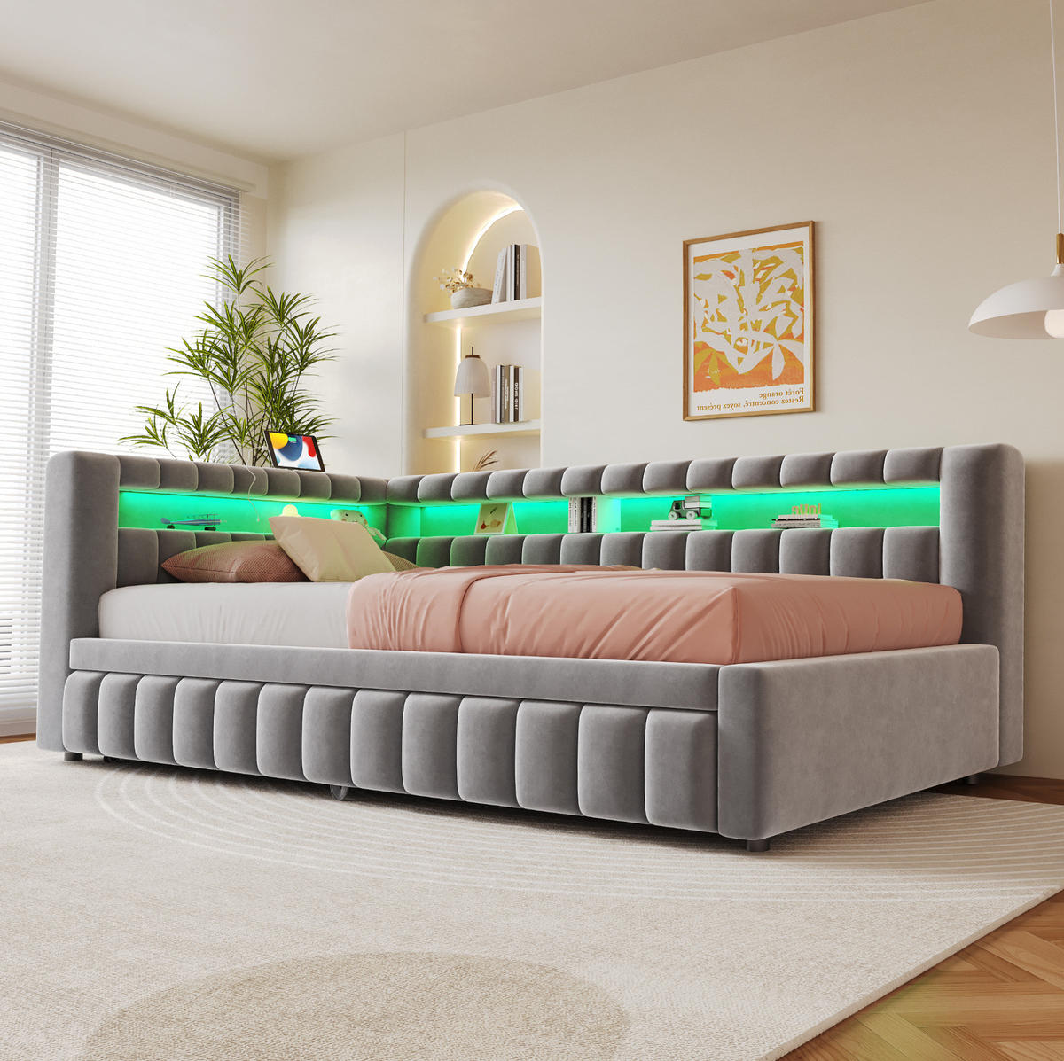 POLSTERBETT 90/200 cm aus Samt mit LED-Beleuchtung und Ladeanschluss, Hellgrau - Hellgrau, Textil (90/200cm) - OKMYHOME