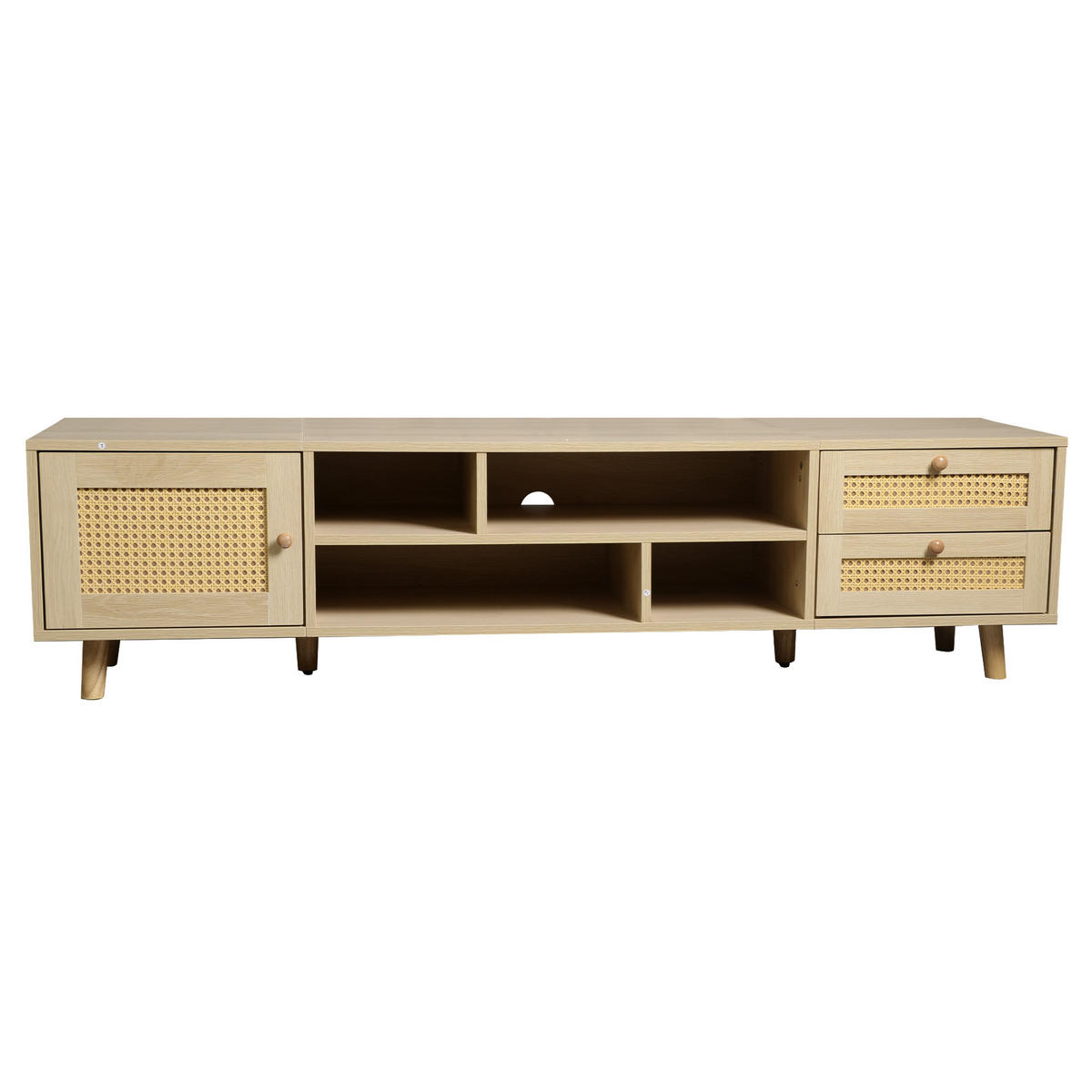 TV-SCHRANK 160/39/40,5 cm Eiche Spanplatte mit Kabelmanagement und 2 Rattanschubladen - Naturfarben, Holzwerkstoff (160/40/39cm) - OKWISH
