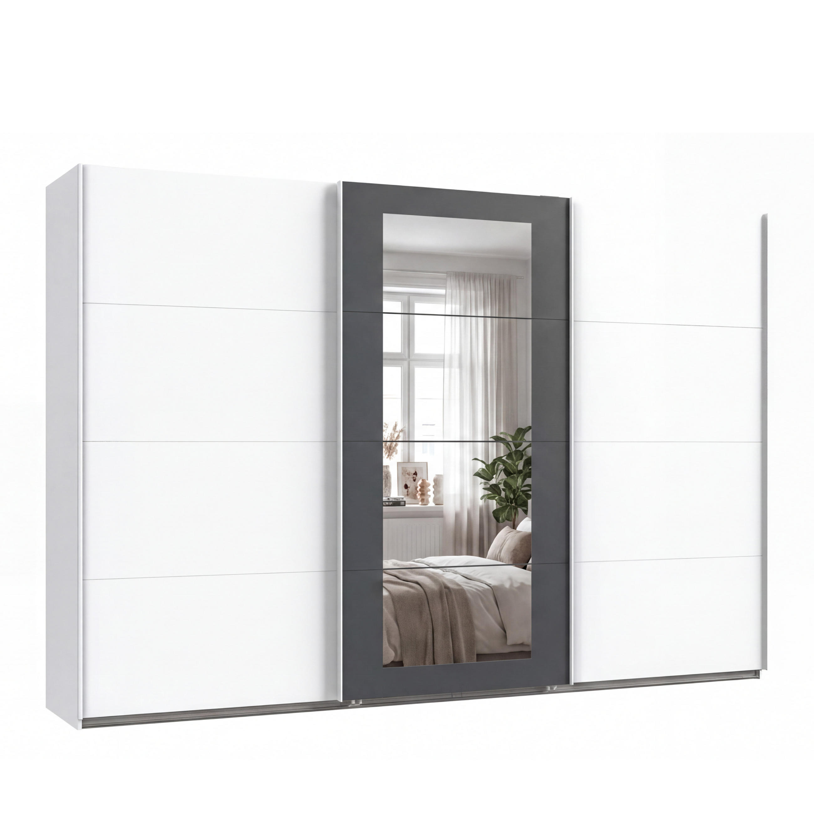 SCHWEBETÜRENSCHRANK 3-türig B313/H208/64 cm Kleiderschrank in Weiß, Spiegel umrahmt in Grafit, Griffe Weiß / 22632 - Graphitfarben/Weiß, Holzwerkstoff/Metall (313/208/64cm) - luma-home