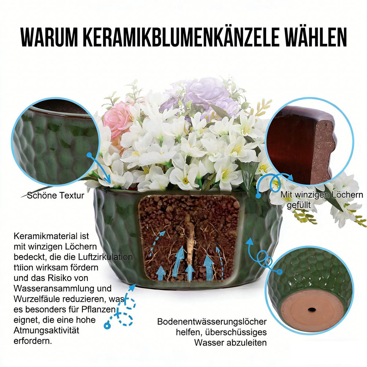 BLUMENTOPF Keramikpflanztopf-Set handgemacht & atmungsaktiver Tonware - Grün, Keramik (38/19cm)