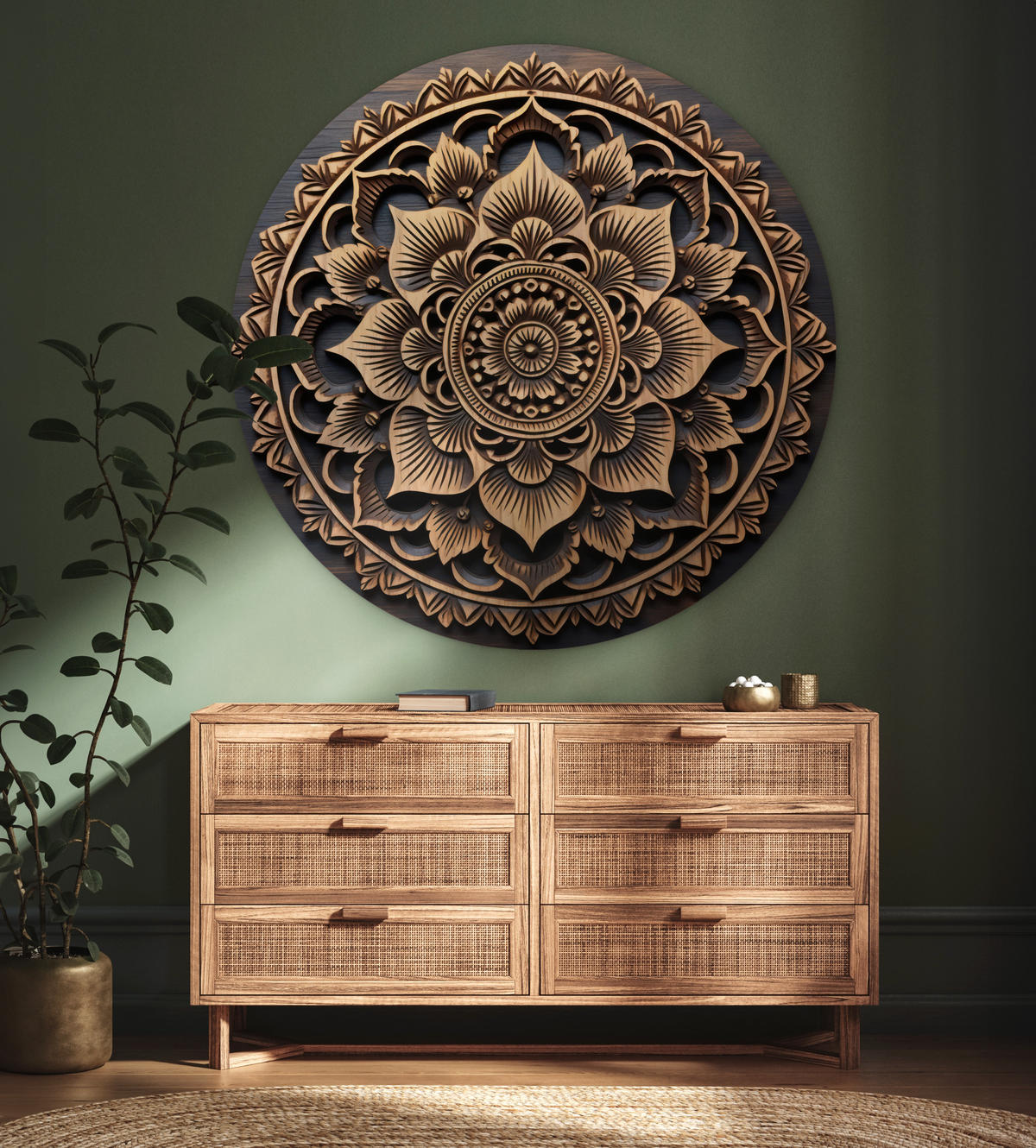 WANDBILD Mandala - Holz - Blumen - Braun 140x140 cm - Gelb, Kunststoff (140/140cm) - MuchoWow