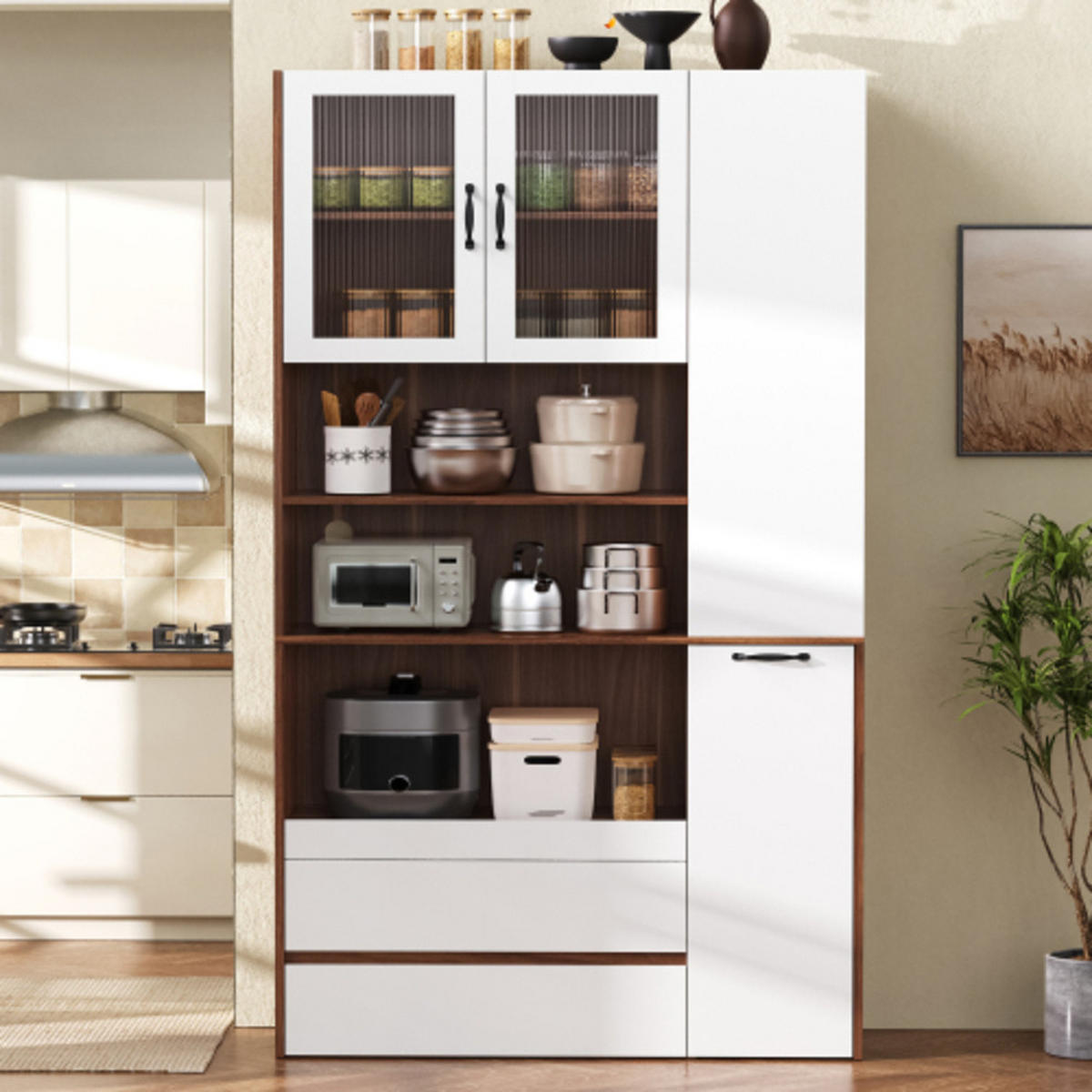 HIGHBOARD mit Riffelglas weiß-walnussfarben 100×40×200 cm aus MDF - Naturfarben, Holzwerkstoff (100/200/40cm) - Luhomfu
