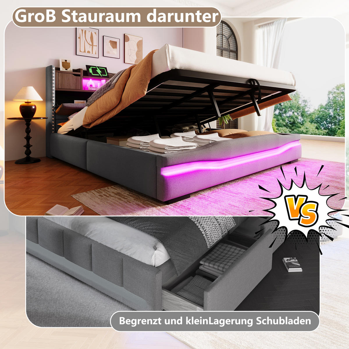 ČALÚNENÁ posteľ 180/200 cm s LED osvetlením, USB/Type-C nabíjaním a hydraulickým úložným priestorom, Sivá - sivá, textil (180/200cm) - Redom