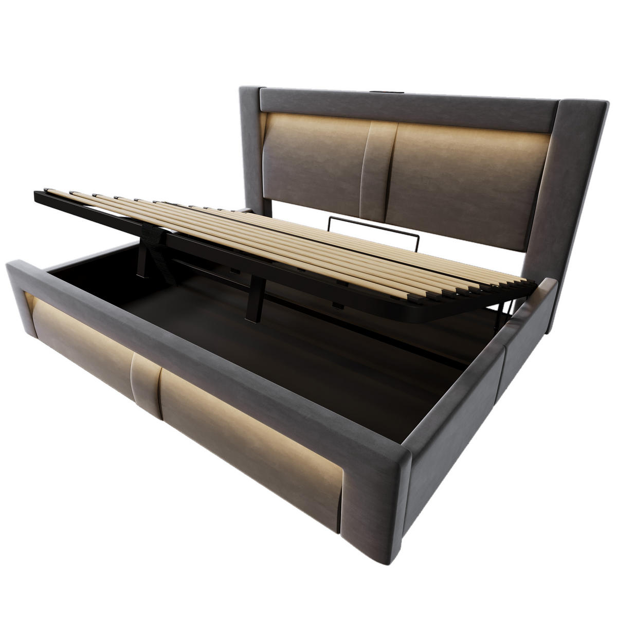 POLSTERBETT 180/200 cm Grau aus Samt mit Stauraum LED und USB-C - Grau, Textil (180/200cm) - OKWISH