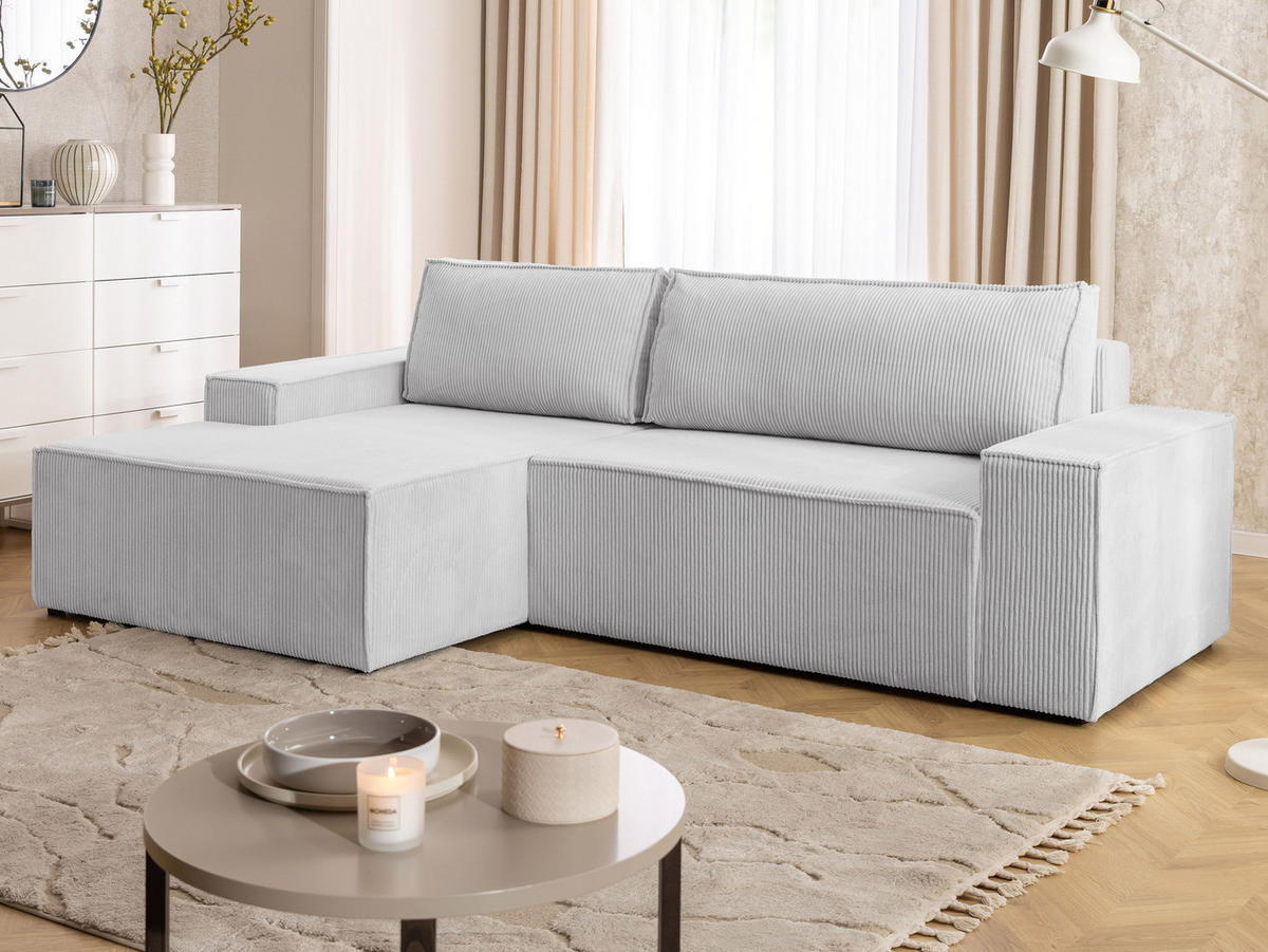 ECKSOFA Rivio mit Schlaffunktion und Bettkasten, Cordstoff Hellgrau - Hellgrau/Schwarz, Holz/Kunststoff (149/262cm) - S-Style