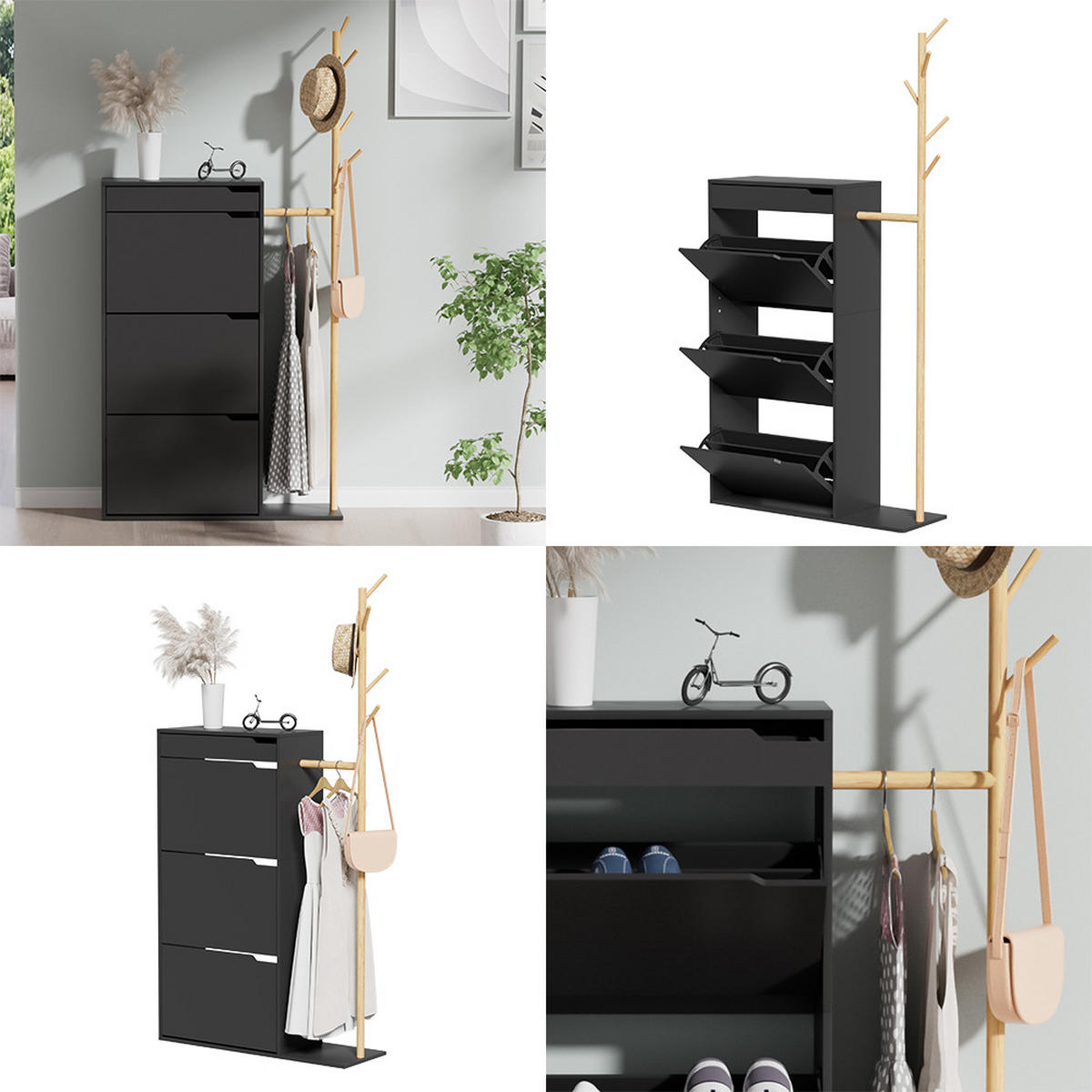 SCHUHSCHRANK Ivo Schwarz 90 x 181.5 cm mit 3 Fächern, 1 Schublade - Schwarz, Holzwerkstoff (90/181.5/30cm) - Vicco