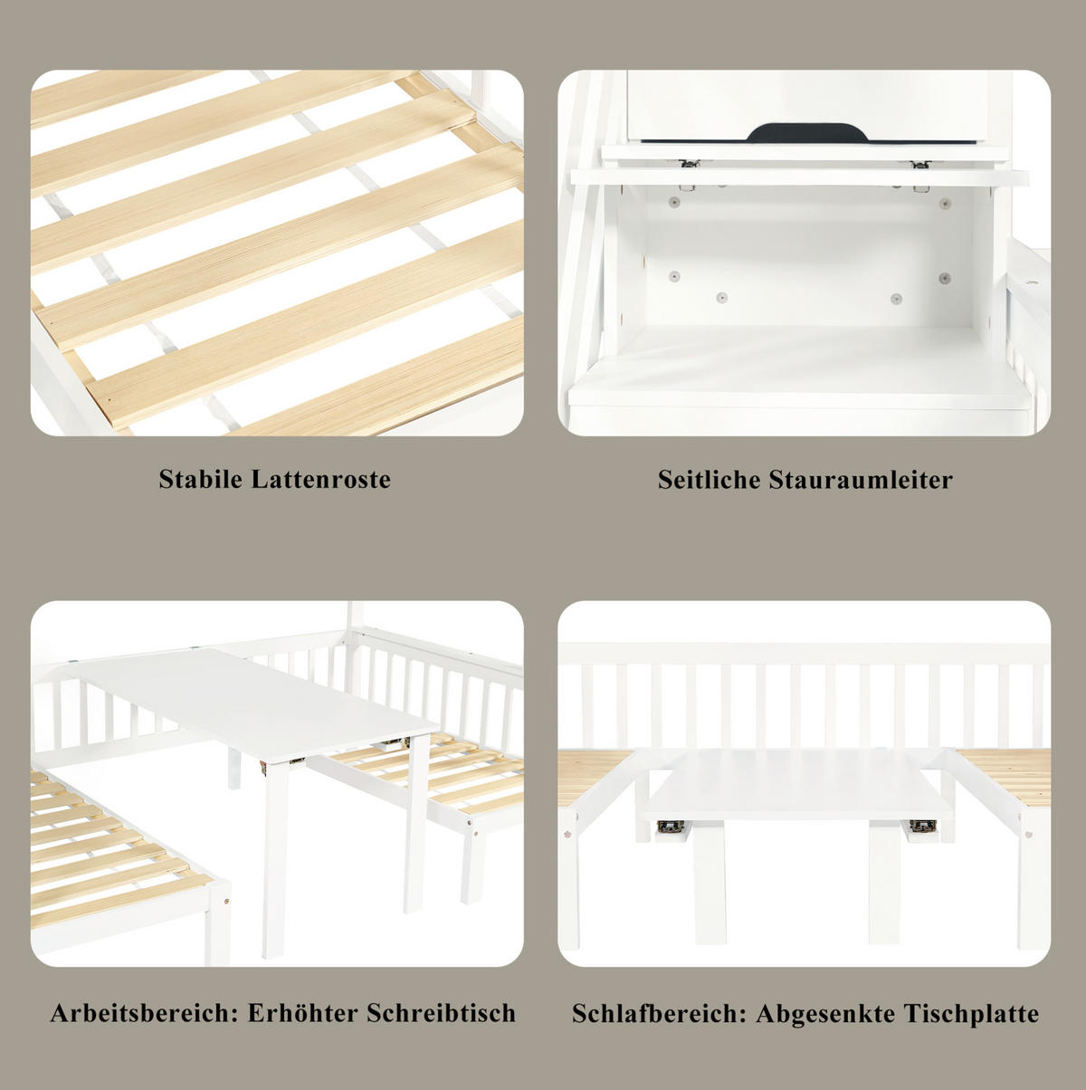 HOCHBETT 90/200 & 120/200 cm aus Kiefer und MDF mit Stauraumtreppe und Klapptisch Weiß - Weiß, Holz (90/200cm) - Modenvie