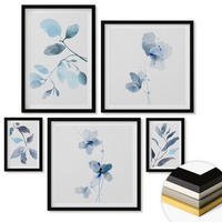 WANDBILDER 5er-Set - 50x50 cm & 20x30 cm & 40x60 cm Schwarzer Rahmen - Aquarell von blauen Blättern - Schwarz, Kunststoff (40/60cm) - ArtPrintCave