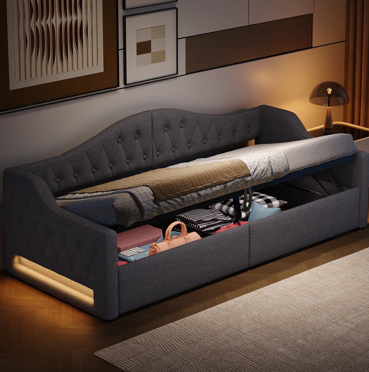 POLSTERBETT aus MDF und Sperrholz 90x200 cm Grau mit LED-Beleuchtung und Stauraum, Leinenpolsterung - Grau, Holzwerkstoff (90/200cm) - Modfu