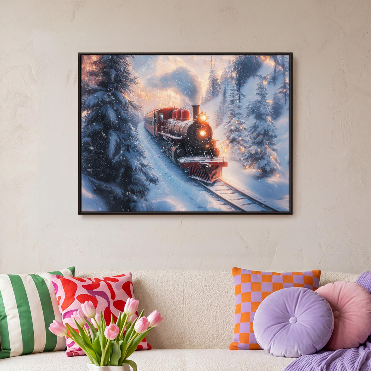 LEINWAND Bilder mit Rahmen - Weihnachtszug - Schnee - Winter - Weihnachten - 80x60 - Dunkelrot, Textil (80/60cm) - MuchoWow