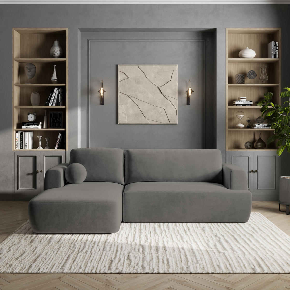 ROHOVÁ SEDAČKA SENTI šedá - šedá/černá, dřevo/textil (246/148cm) - MASSENO