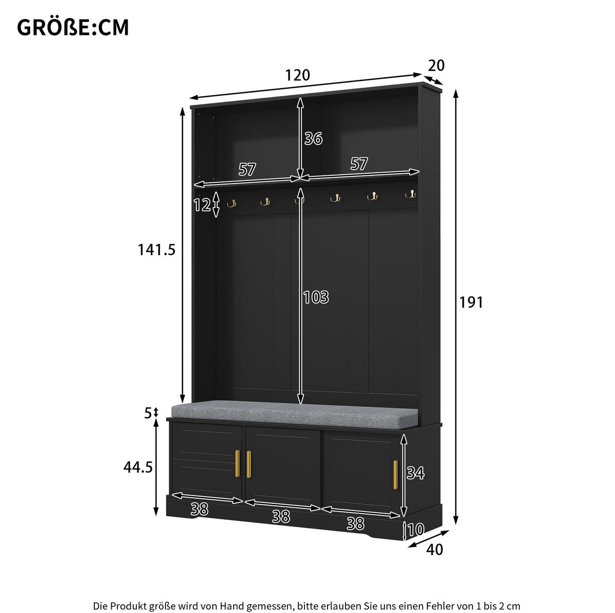 GARDEROBE 120/191/40 cm Schwarz aus Spanplatte mit Sitzbank und Schuhablage - Schwarz, Holzwerkstoff (40/191/120cm) - OKMYHOME