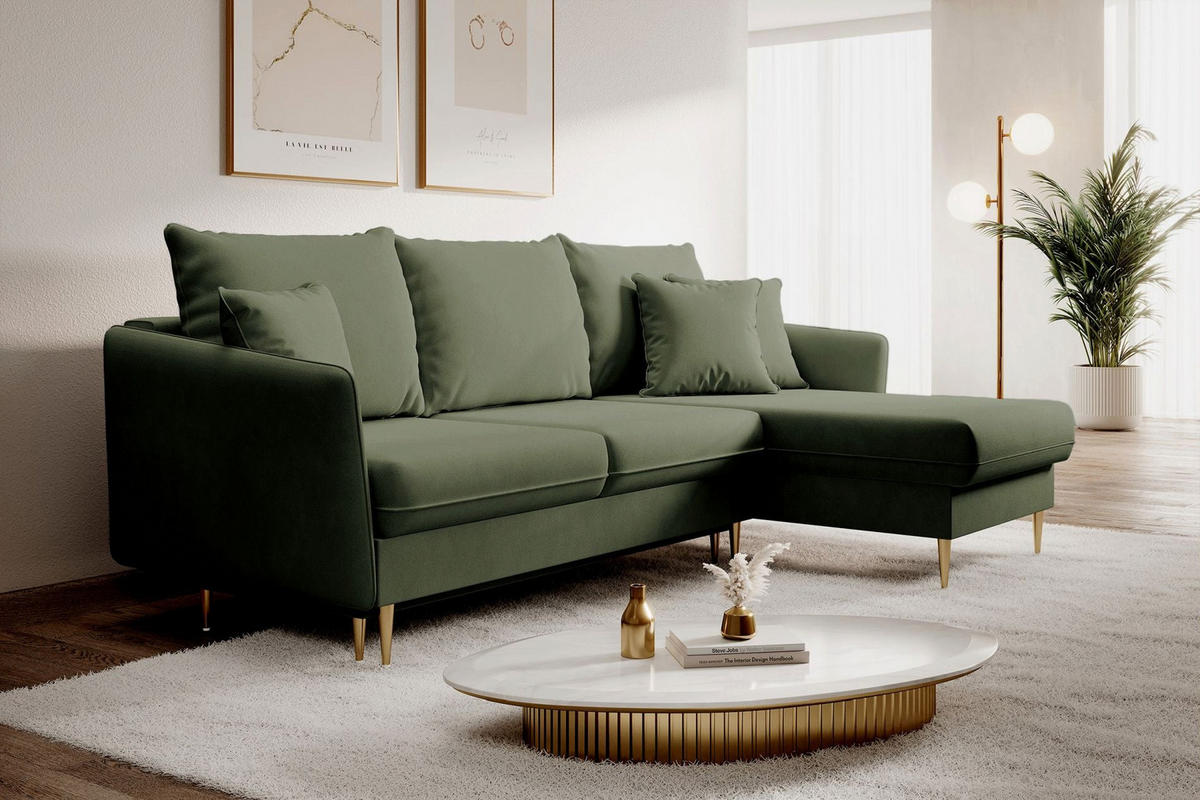 ECKSOFA Volio Salbeigrün Samt - Goldfarben/Hellgrün, Textil/Metall (223/145cm) - Selsey