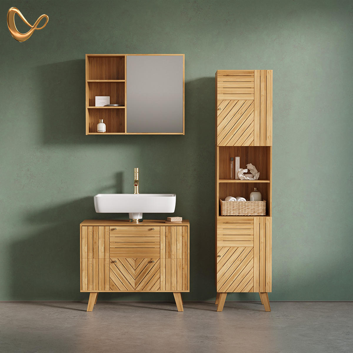 SÚPRAVA KÚPEĽŇOVÉHO NÁBYTKU Olona, Bambus, 3-dielna - prírodná farba, kompozitné drevo (80/65/36cm) - Livinity®