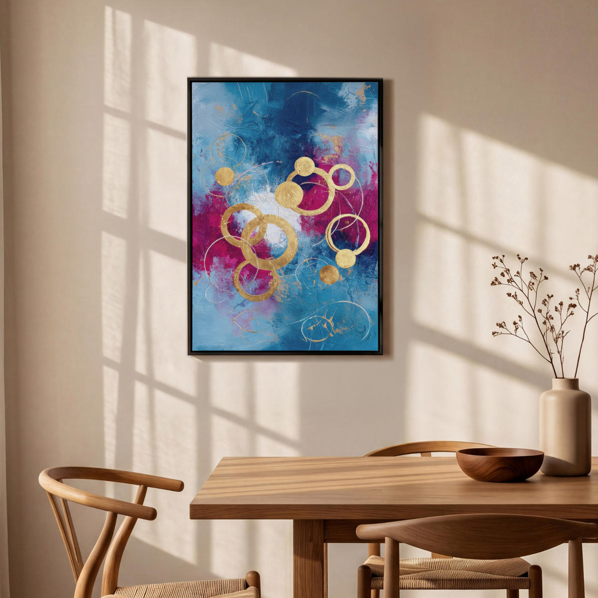 LEINWAND Bilder mit Rahmen - Kreise - Gold - Abstrakt - 60x90 - Blau, Textil (60/90cm) - MuchoWow