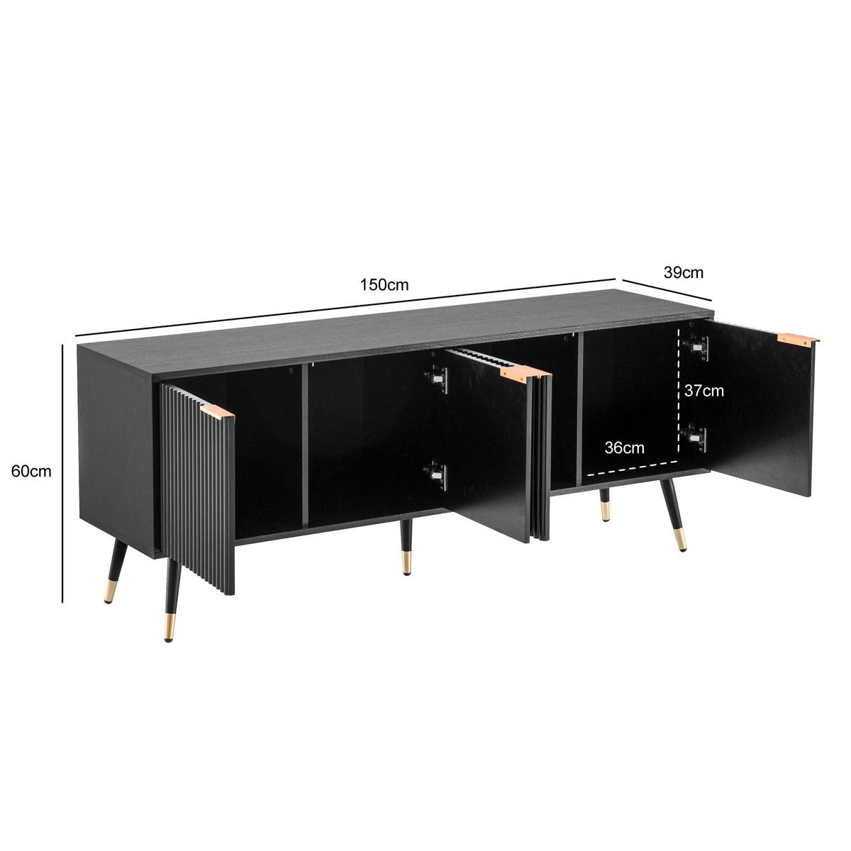 LOWBOARD Schwarz Eiche-Dekor Modern Stil 150x60x39 cm mit Türen - Schwarz, Holzwerkstoff/Metall (150/60/39cm) - KADIMA DESIGN