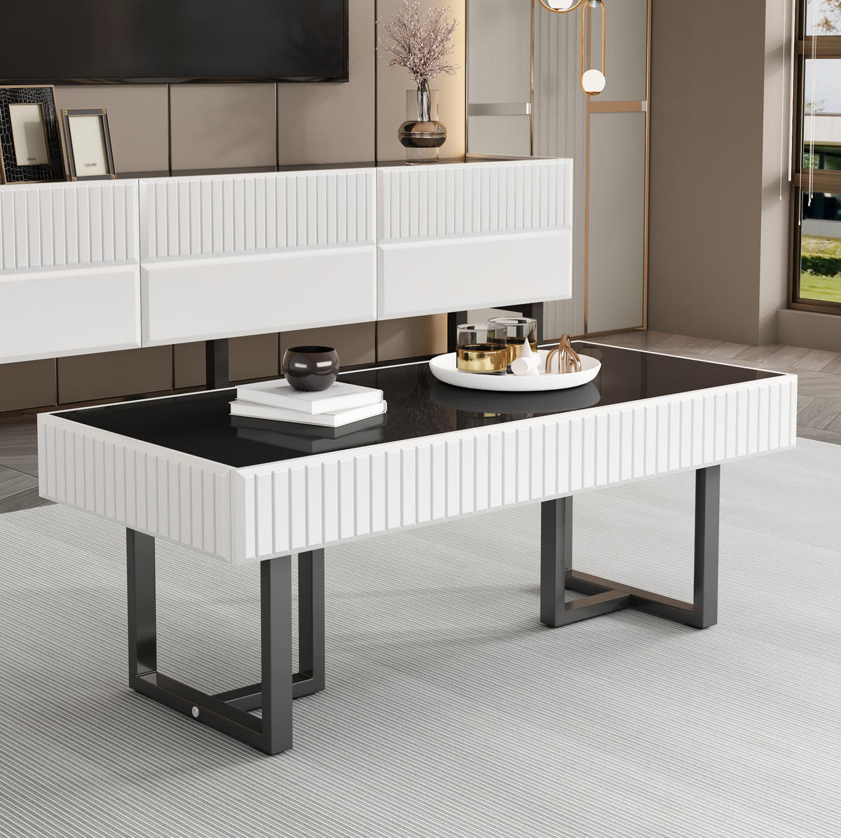 COUCHTISCH 110/50,5/41 cm mit hochglänzender Tischplatte und Eisengestell, Schwarz/Weiß - Schwarz, Holzwerkstoff (110/50.5/41cm) - Redom