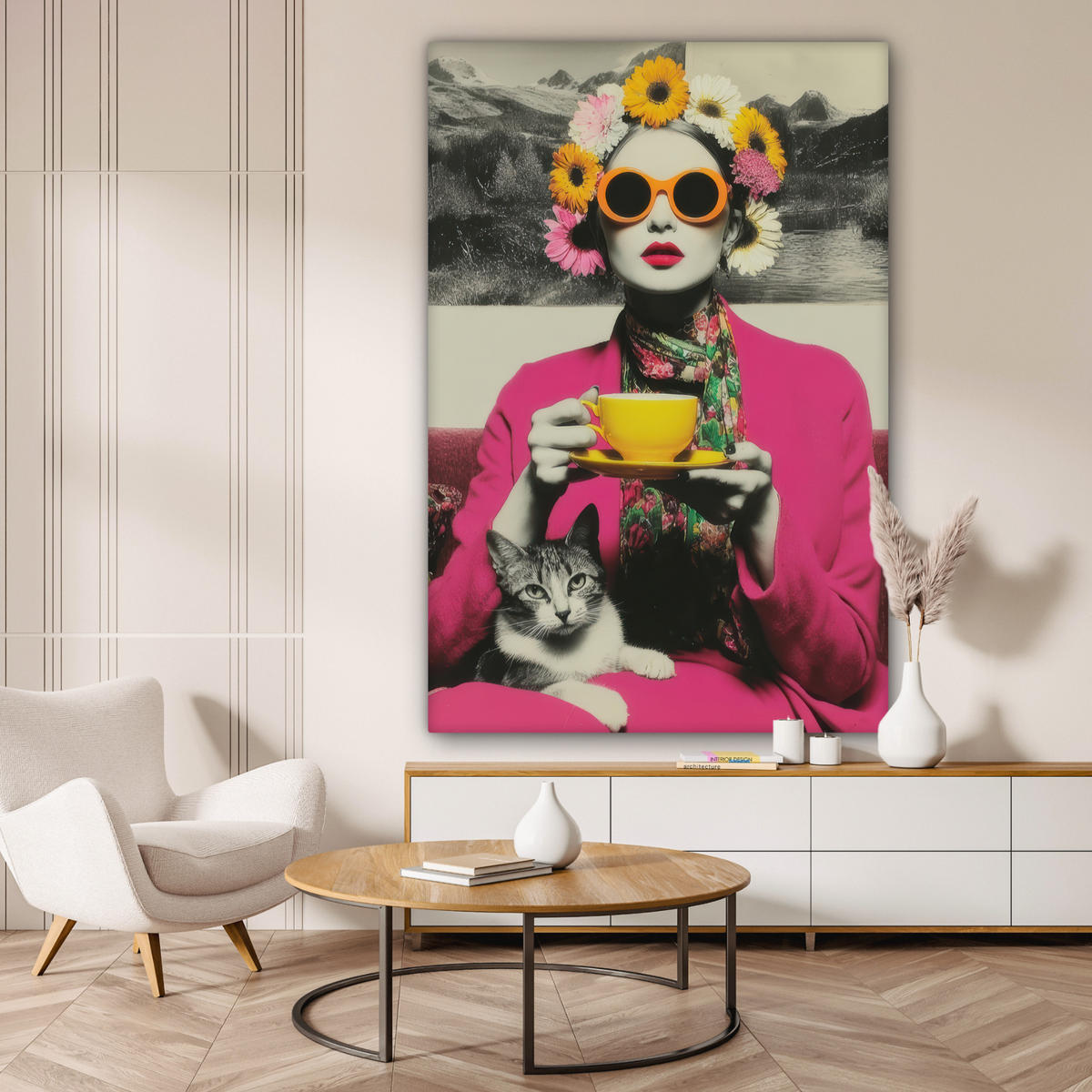 OBRAZ NA PLÁTNĚ Žena - kočka - květiny - šálek - retro 90x140 cm - purpurová, textil (90/140cm) - MuchoWow