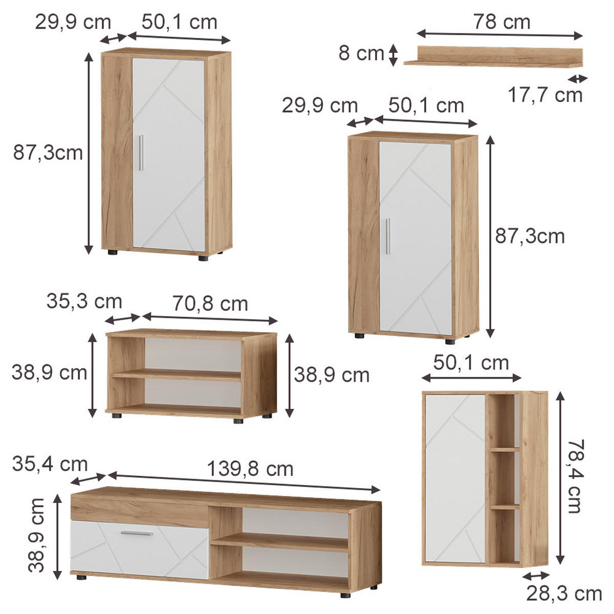 NÁSTENNÁ SKRINKA Berno, Dub Goldkraft/biely, 6-dielna sada - biela/dub medový, kompozitné drevo (50.1/78.4/28.3cm) - Vicco