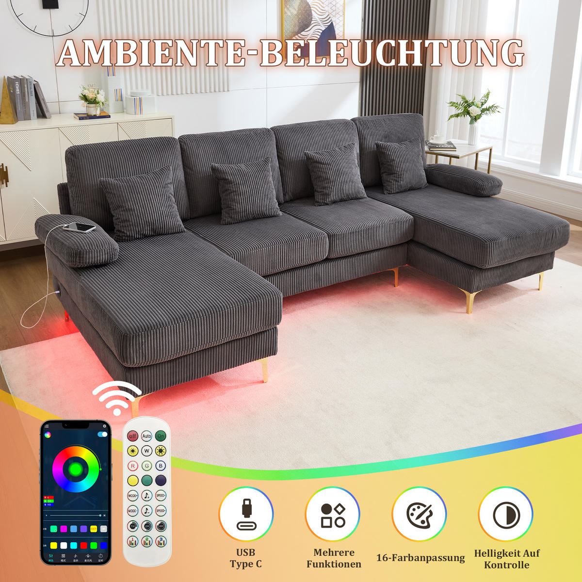 U-FORM Wohnlandschaft Samt mit LED und USB-Anschluss 265/135/88 cm Grau - Grau, Textil (135/88/265cm) - Redom