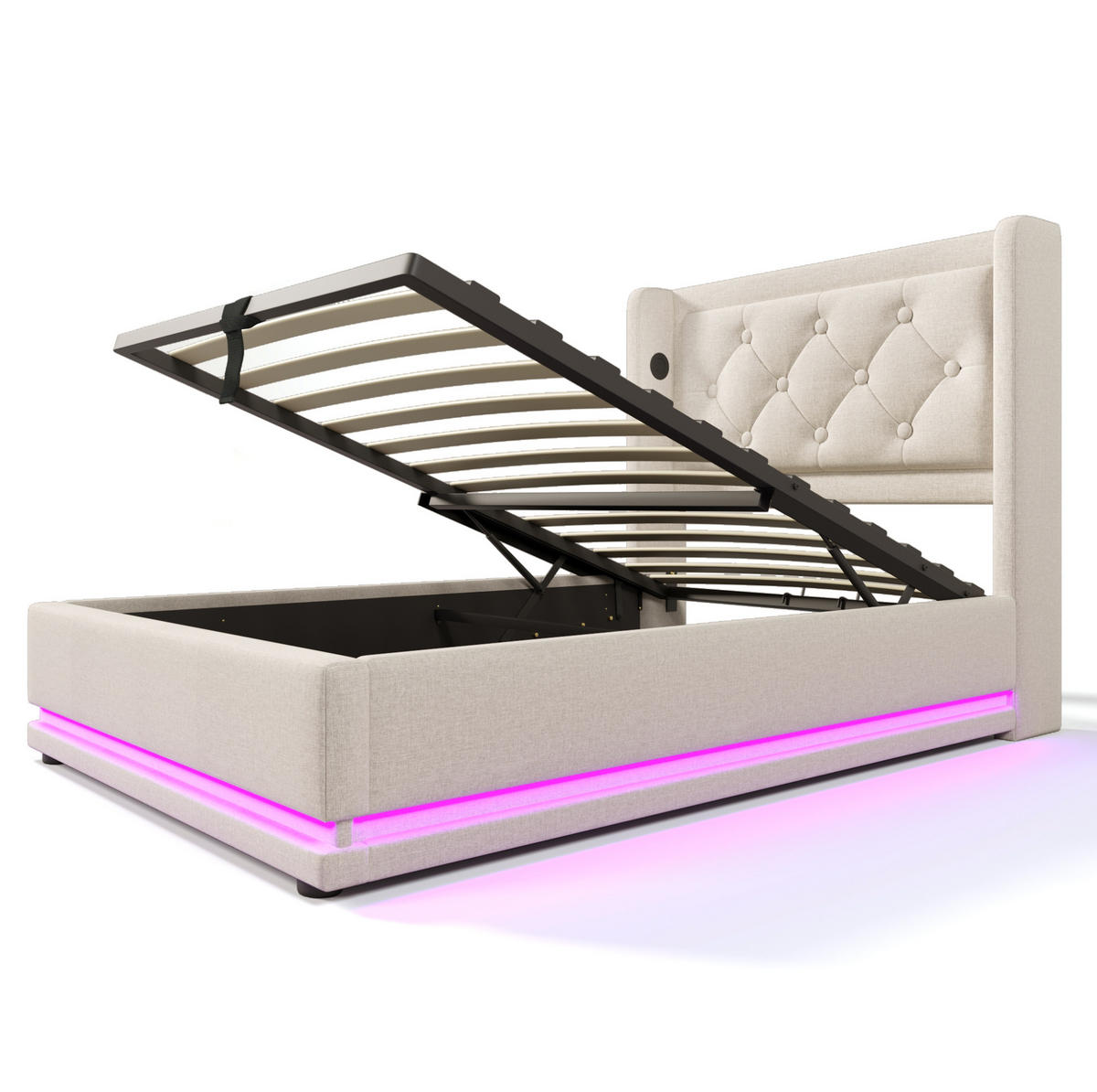 POLSTERBETT mit Stauraum LED USB/Typ-C 90x200 cm Baumwolle Beige - Beige, Metall (90/200cm) - Meubliv