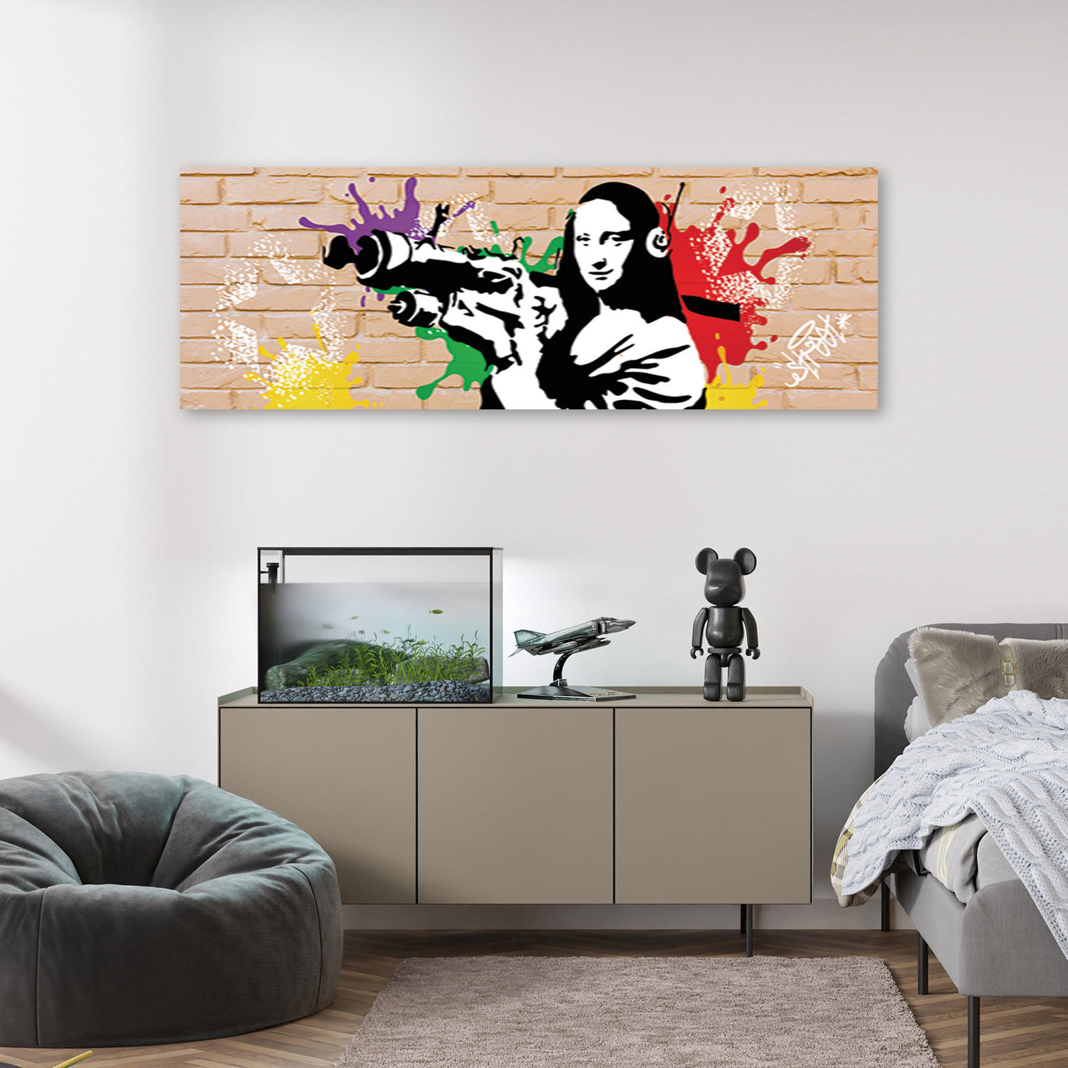 WANDBILD banksy mona lisa und die bazooka - Beige, Textil (90/30cm) - Feeby