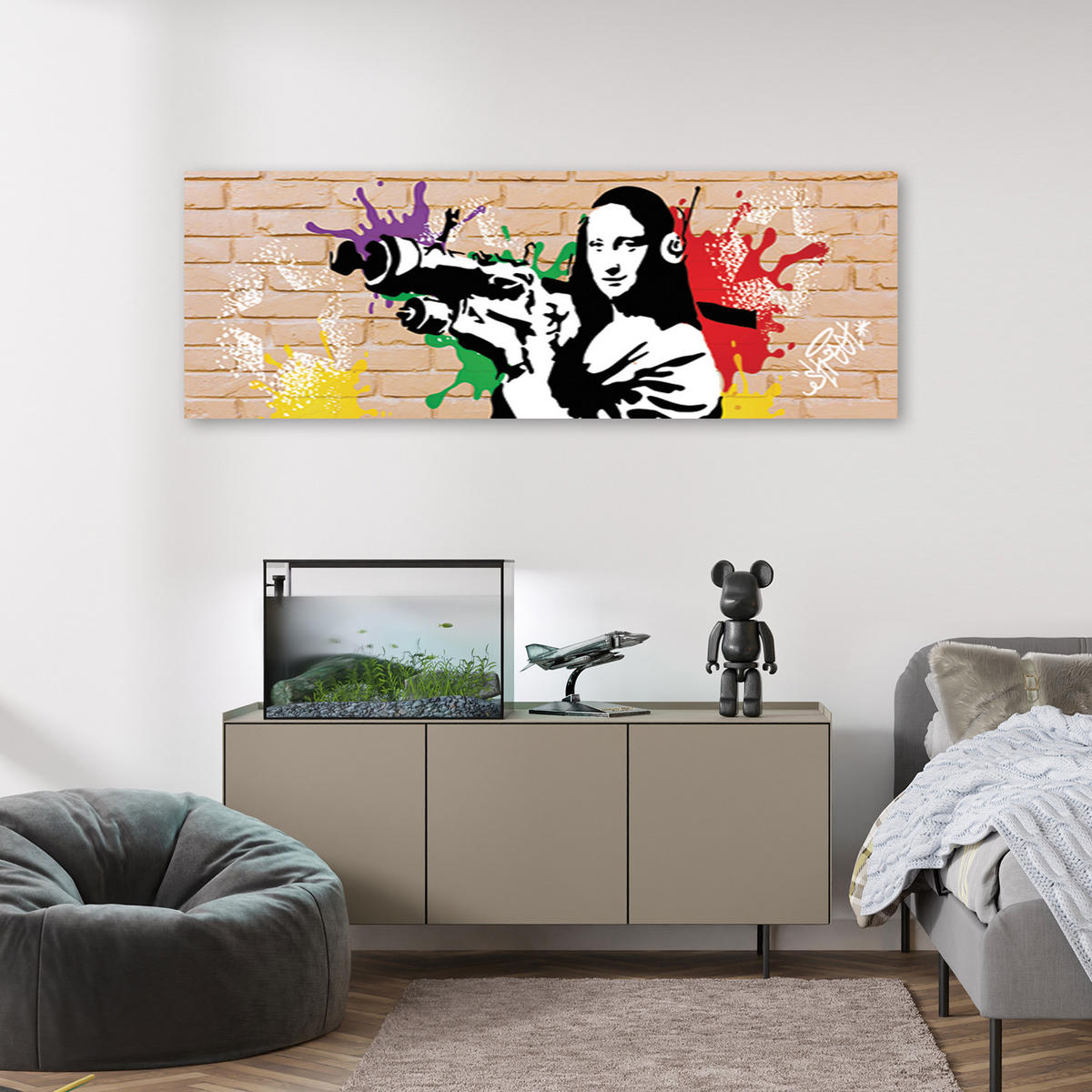 WANDBILD banksy mona lisa und die bazooka - Beige, Textil (90/30cm) - Feeby