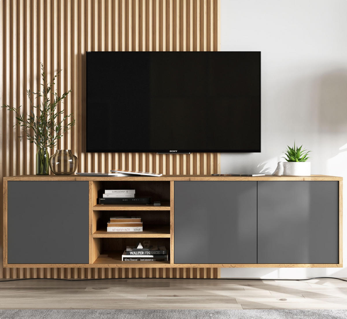 TV-LOWBOARD Apollo Eiche wotan Graphit matt 150 cm - Graphitfarben, Holzwerkstoff (150/39/35cm) - Meble Lindner