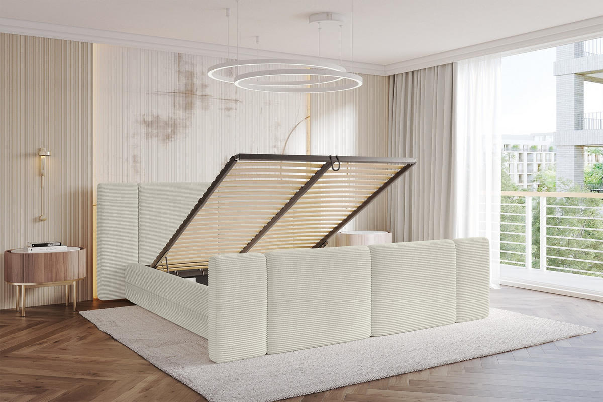 POLSTERBETT mit Bettkasten, Fußteil und Lattenrost, Bett mit Matratze H3/H4 - TEVO-Z 180x200 Creme - Sahara, Holzwerkstoff/Textil (180/200cm) - ALTDECOR