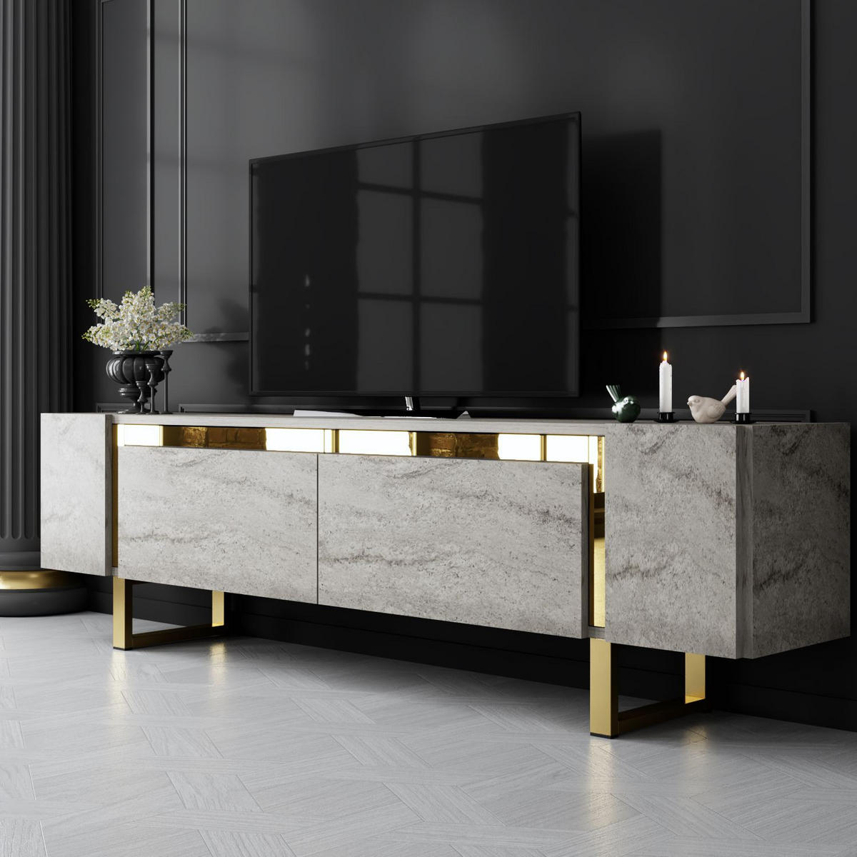 TV-MÖBEL Yildiz Travertin-Gold - Beige/Goldfarben, Holz (180/50/30cm) - Habitat Garten