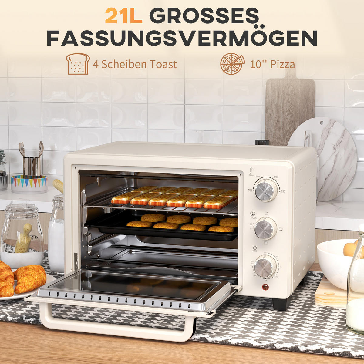 MINIBACKOFEN 21L mit Drehspieß, Edelstahl Mini Ofen mit Grillfunktion, Backblech & Grillrost, 3 Kochmodi, Cremeweiß - Beige, Metall (46/29/38.5cm) - Beaface
