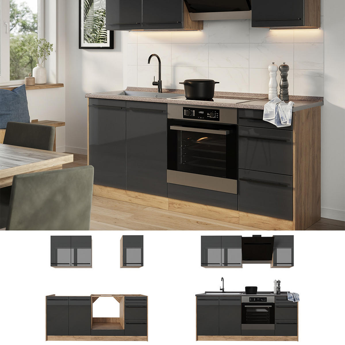SINGLEKÜCHE R-Line, Anthrazit Hochglanz/Goldkraft Eiche, 180 cm Arbeitsplatte Goldkraft Eiche - Honigeiche/Schwarz Hochglanz, Holzwerkstoff (180/206.8/60cm) - Vicco