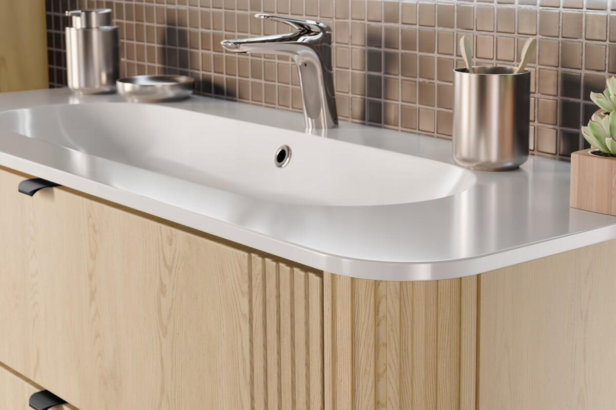 BADMÖBEL-SET 3 Teile 120 cm - Ovalia Cremona O BM404 in Cremona-Eiche - Eichefarben/Weiß Hochglanz, Holz/Keramik (120/140/46cm)