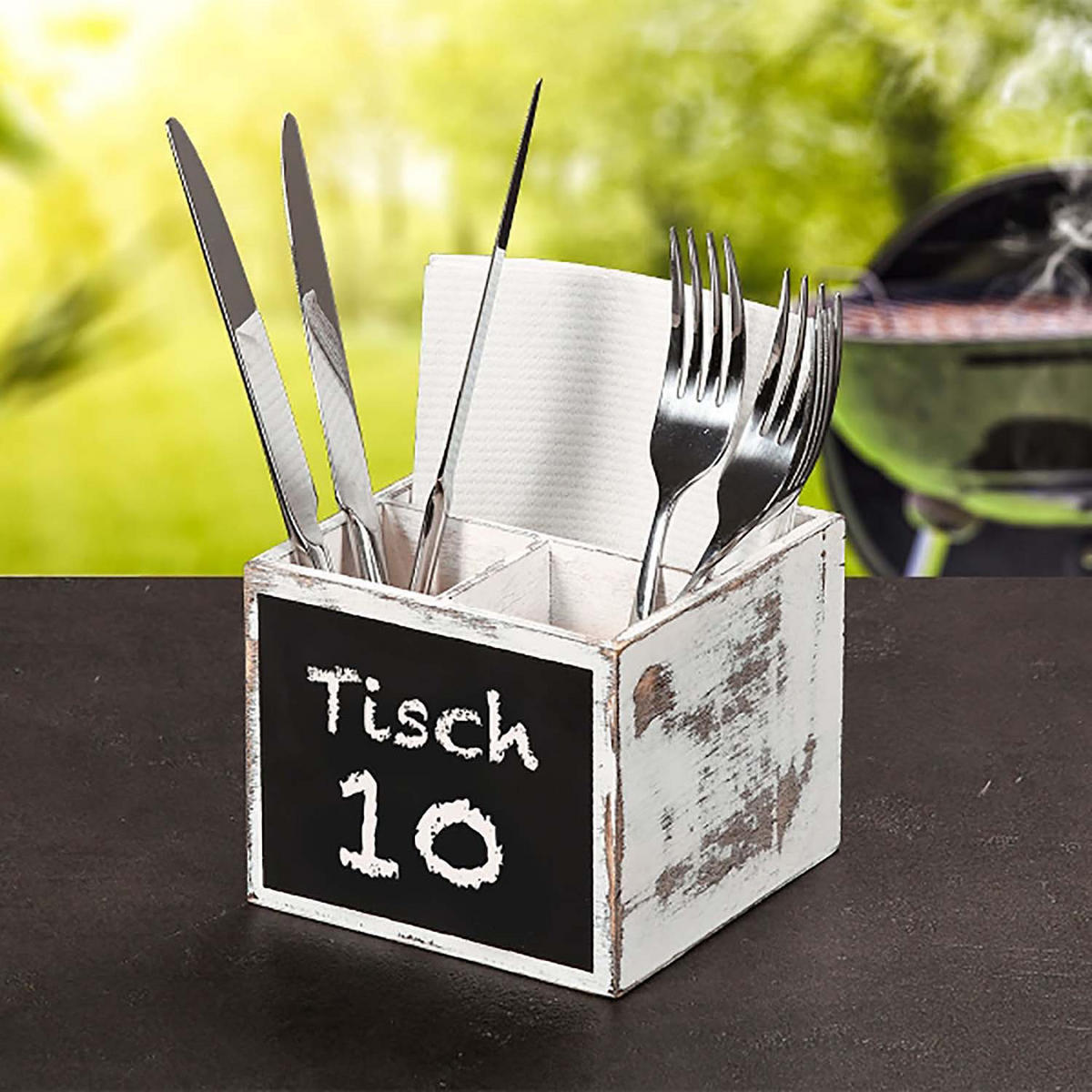 BESTECKBOX, 8 Stück, 3-fach Einteilung & Kreidetafel - Pappelholz - weiß rustikal - Weiß, Holz (12/10/12cm) - Kesper