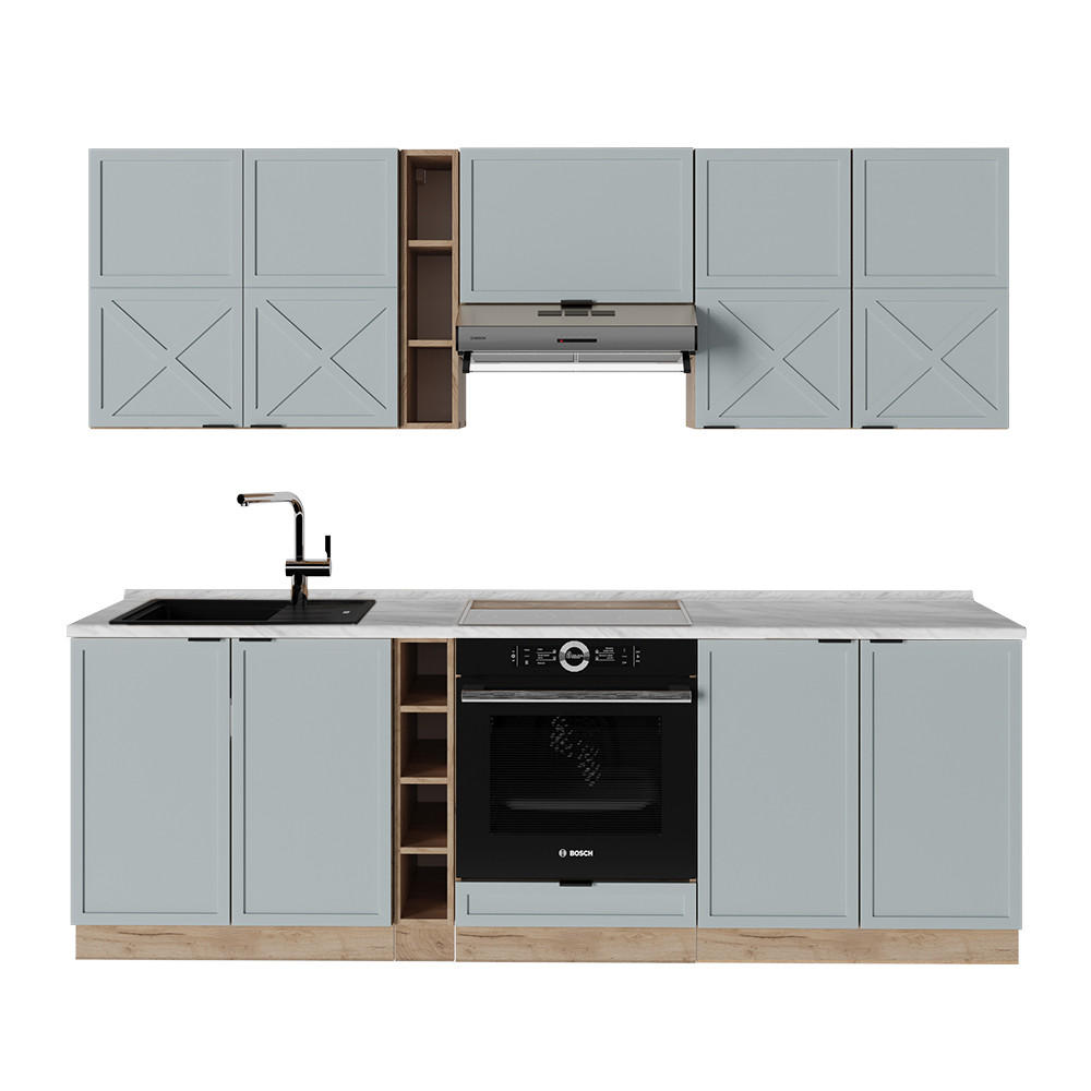 KÜCHENZEILE Fame-Line Hellblau-grau/Goldkraft Eiche 235 cm, AP Marmor - Honigeiche/Blaugrau, Holzwerkstoff (235/81.6/60cm) - Vicco