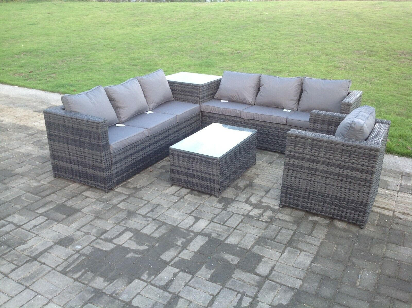 GARTENMÖBELSET mit Couchtisch Polyrattan 7-Sitzer - Dunkelgrau/Grau, Glas/Kunststoff - Fimous