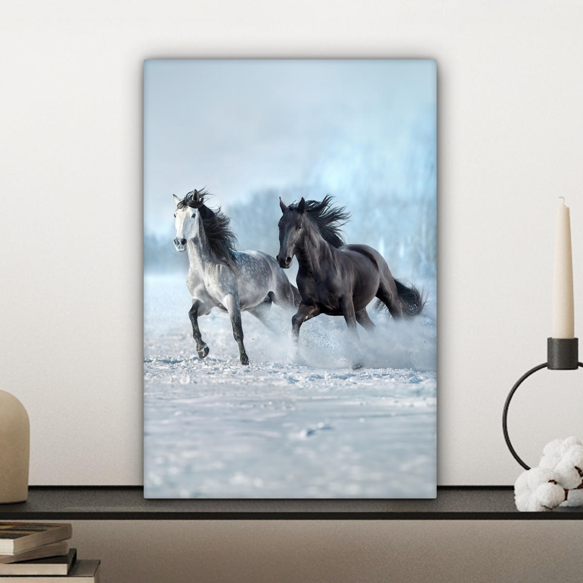 LEINWANDBILD Pferde - Winter - Tiere - Natur - Schnee Deko Wohnzimmer 20x30 cm - Anthrazit, Textil (20/30cm) - MuchoWow