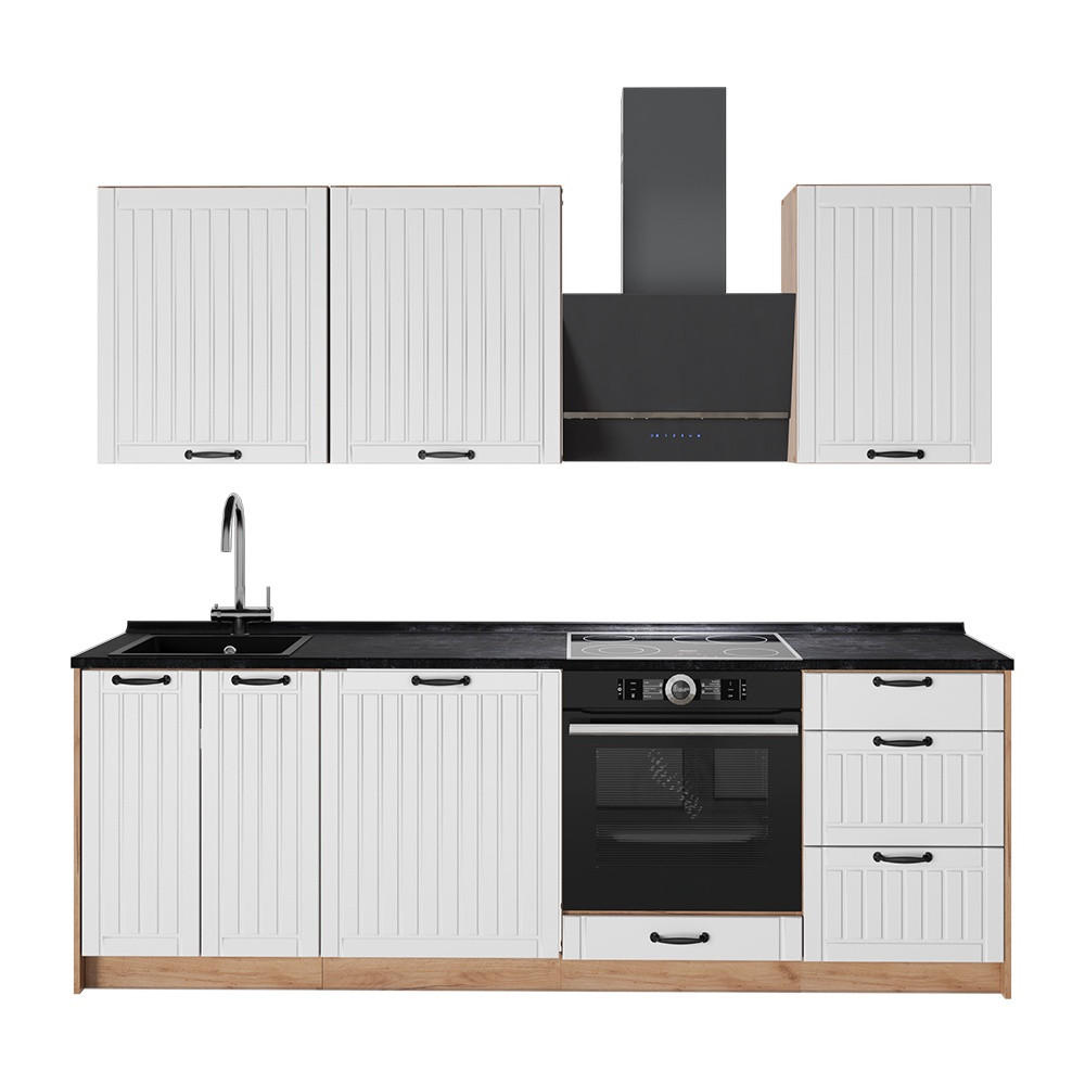 KÜCHENZEILE Fame-Line, Weiß Landhaus/Goldkraft Eiche, 230 cm, AP Anthrazit - Honigeiche/Weiß, Holzwerkstoff (230/206.8/60cm) - Vicco