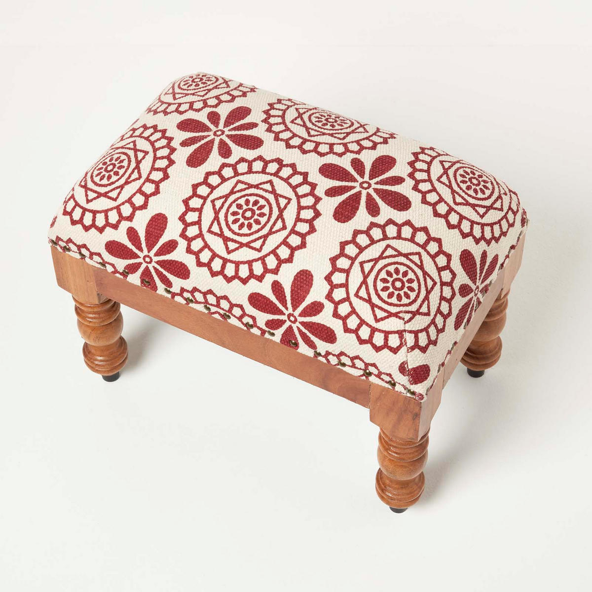 HOCKER Cassia mit Holzbeinen, rot-weiß gemustert, 50/30/40 cm - Rot, Textil (30/40/50cm) - Homescapes