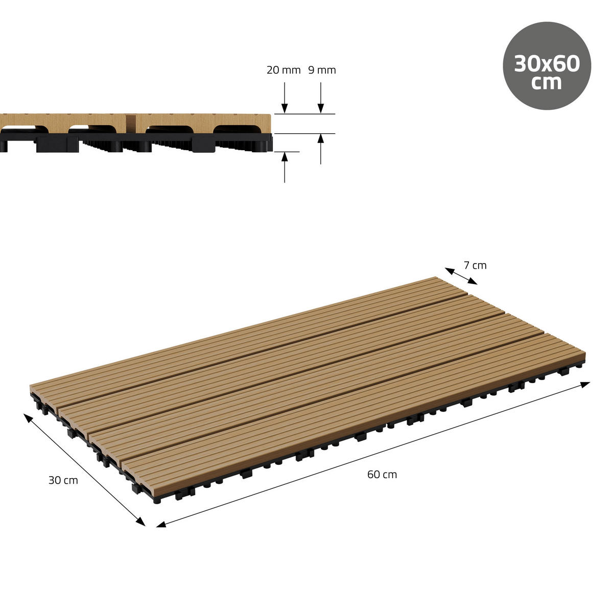 TERASOVÁ DLAŽBA Teak 12 kusů - teaková, kompozitní dřevo (60/30/2cm) - ECD-Germany