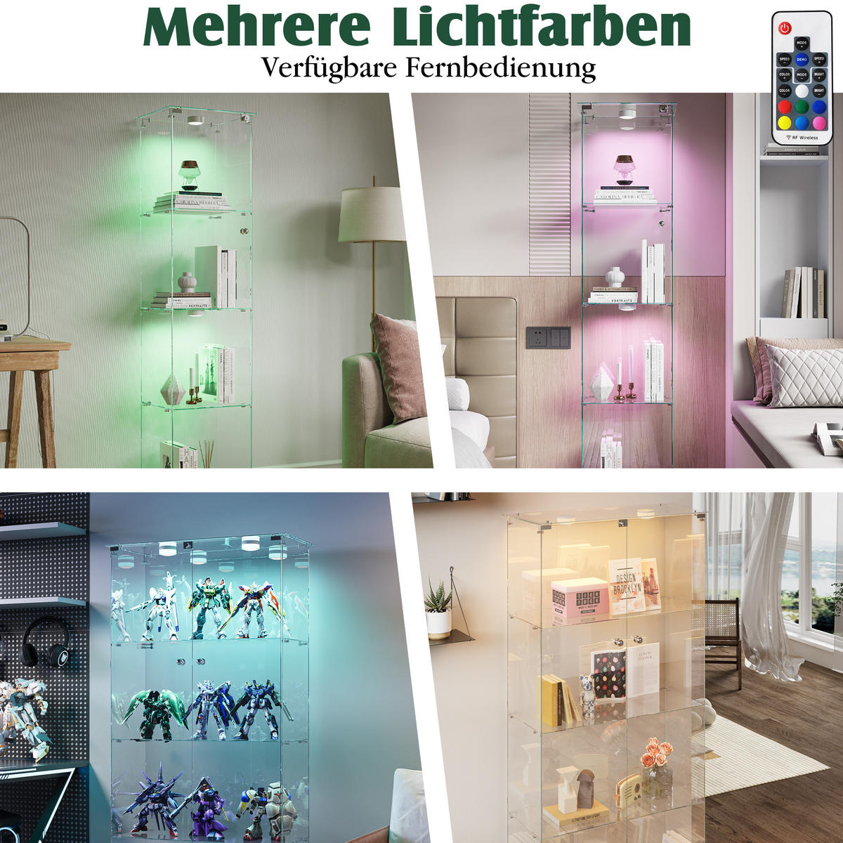 GLASVITRINE LED mit 2 Türen, 4 Regalen, Schloss, Schwarz für Wohnzimmer - Schwarz, Holz (35/163/78.5cm)