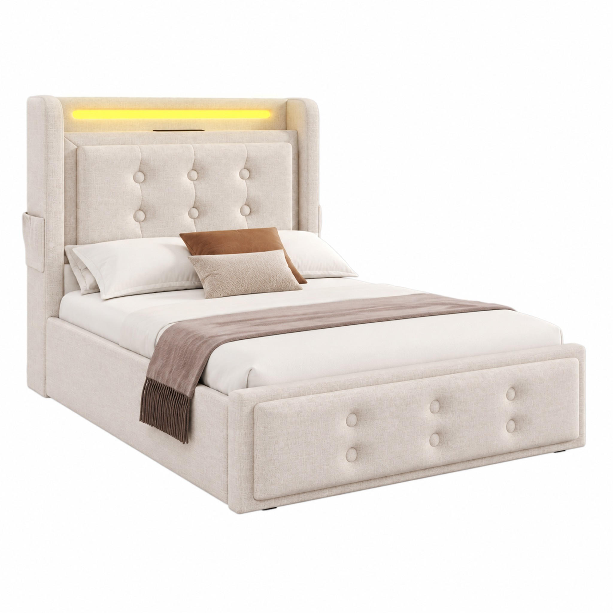 BETT mit Matratze und Stauraum 90x200 cm Beige mit USB und LED - Weiß, Metall (90/200cm) - Meubliv