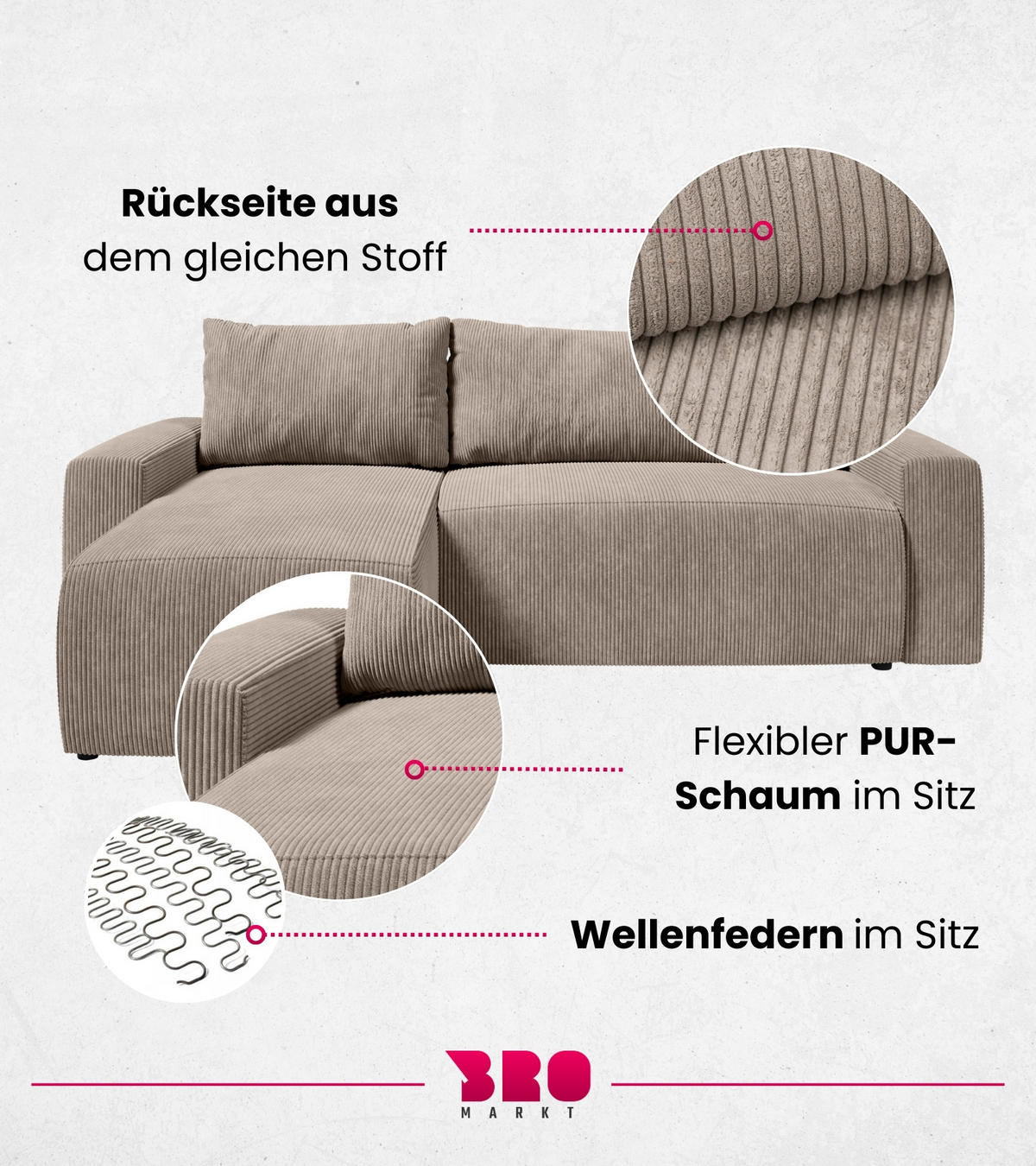 ECKSOFA PLUSH mit Schlaffunktion Beige Cord - Beige, Textil (240/145cm) - Bromarkt