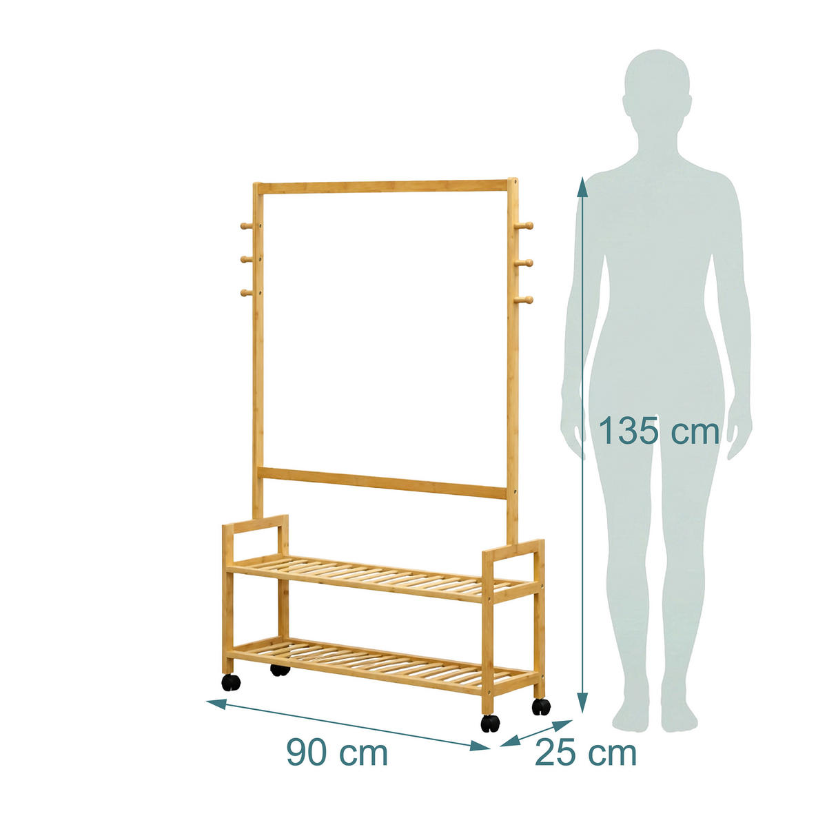 VEŠIAK prírodný bambus na kolieskach - svetlohnedá, drevo/plast (90/135/25cm) - Relaxdays