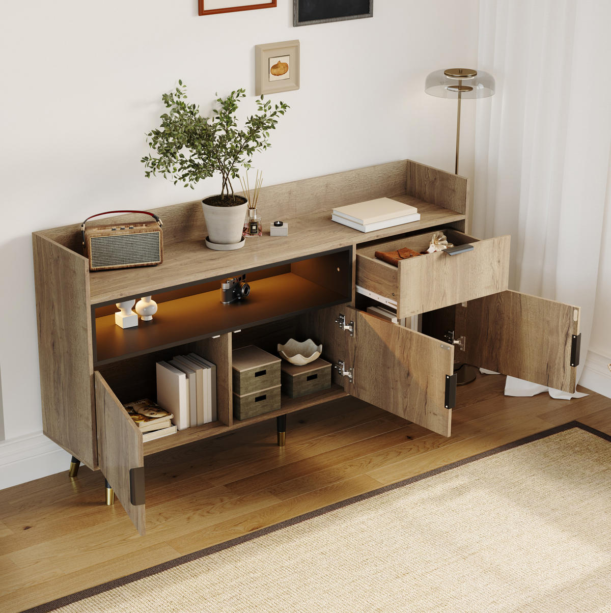 SIDEBOARD aus Holzwerkstoff 160x35x82 cm Natur mit LED-Beleuchtung, Schublade, offenen Fächern und Türfächern - Naturfarben, Holzwerkstoff (160/82/35cm) - Modfu